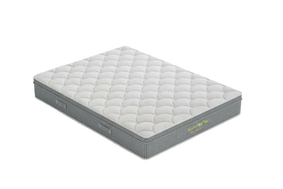 Mattress with a gray exterior and white interior on a light gray background