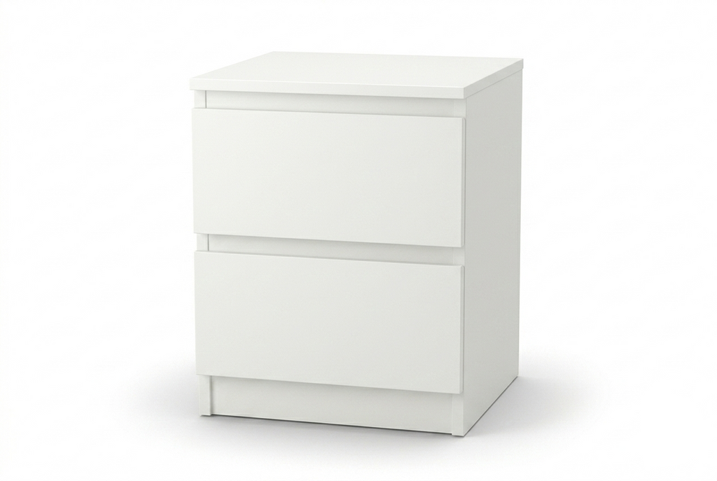 White dresser with two drawers on a white background