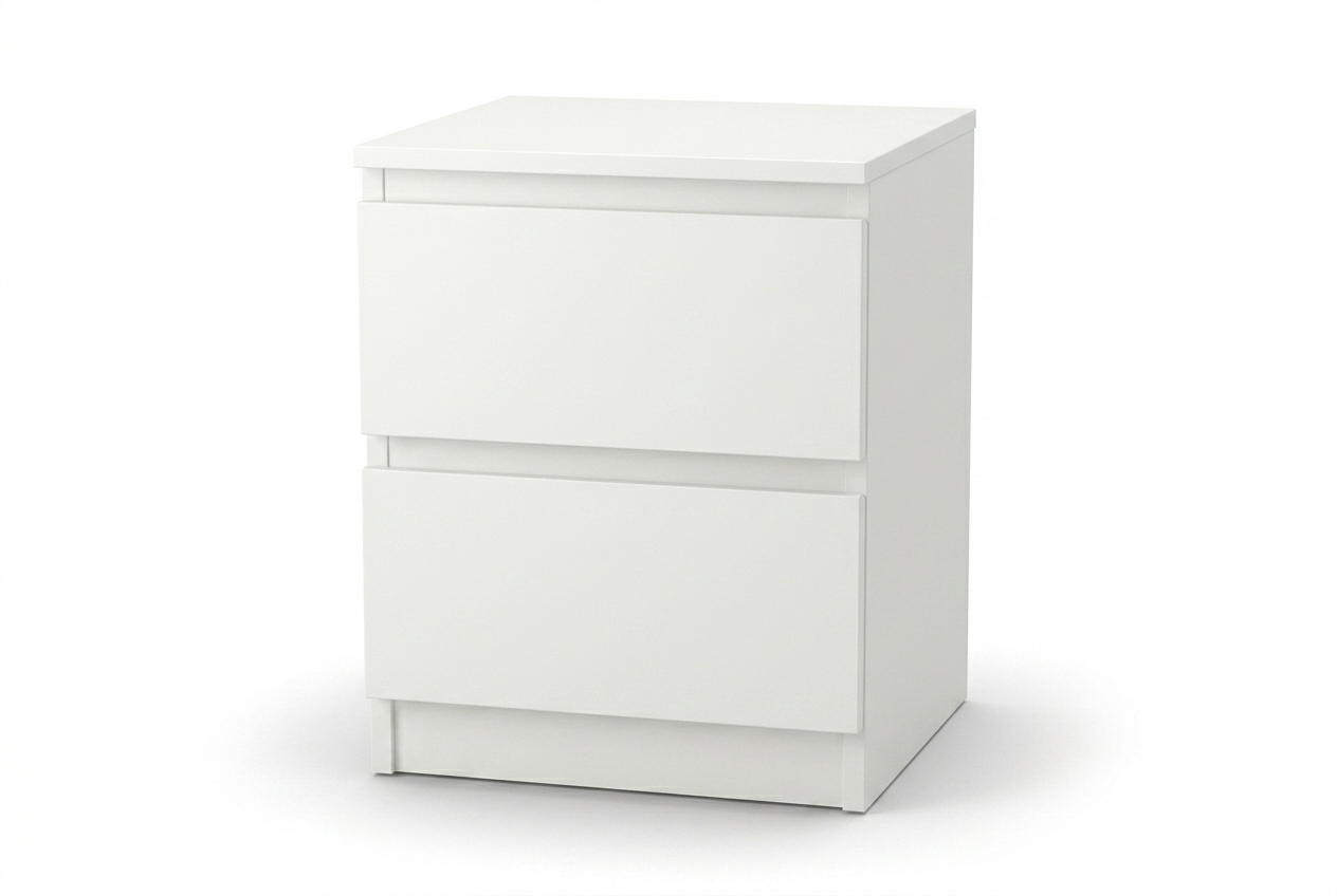 White dresser with two drawers on a white background