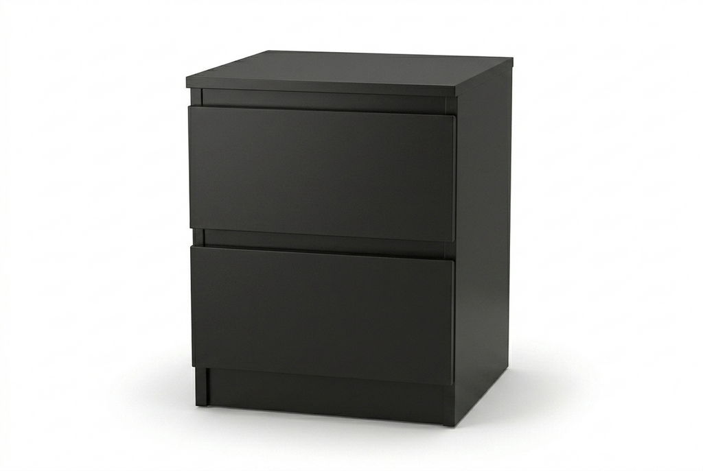 Black two-drawer nightstand on a white background