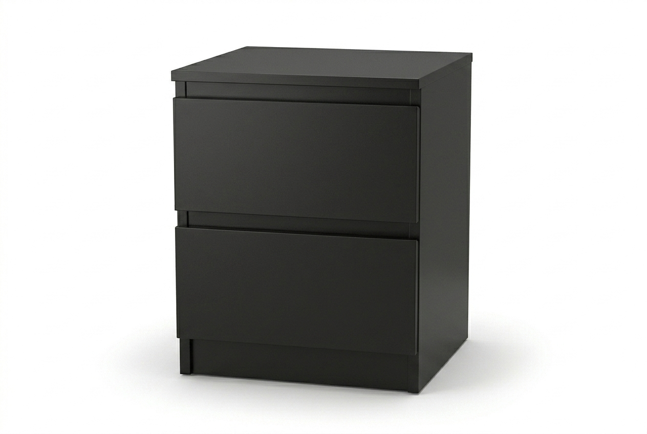 Black two-drawer nightstand on a white background