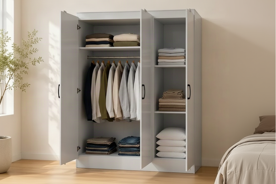 A tall light gray three-door wardrobe with two doors open, showing an interior rod and shelves, set in a bedroom with a bed, wall art, and a plant visible.