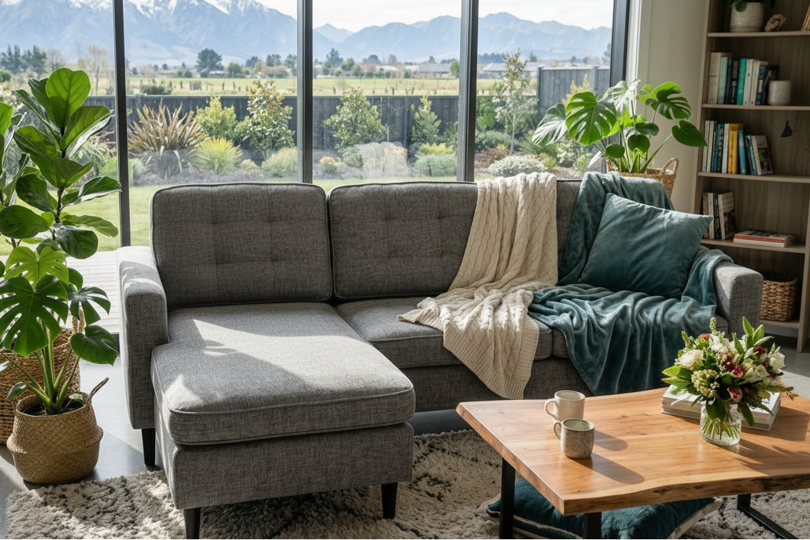 A modern gray fabric sectional sofa with an ottoman in a bright living room, featuring a large window with a scenic mountain view, potted plants, a wooden coffee table, and a cozy throw blanket.