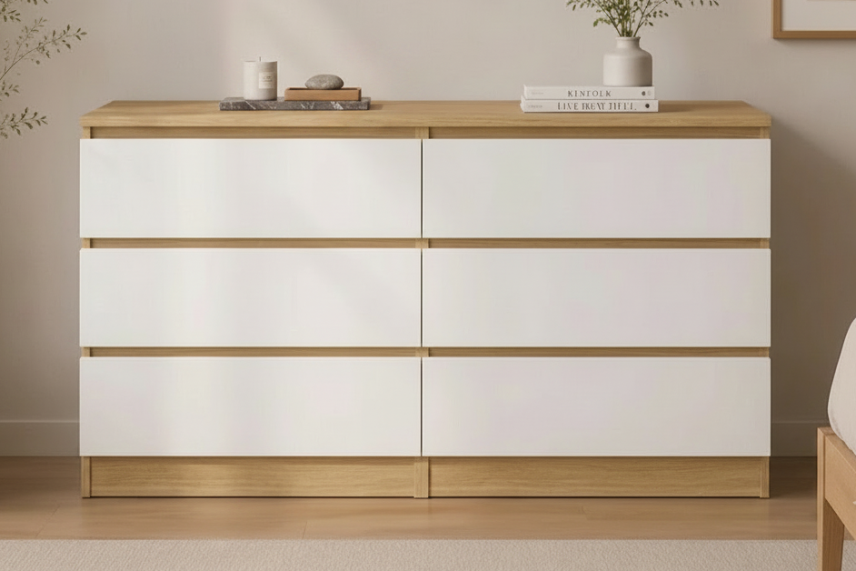 A modern 6-drawer dresser with white fronts and light oak wood trim, styled in a minimalist bedroom setting next to a bed and potted plant.