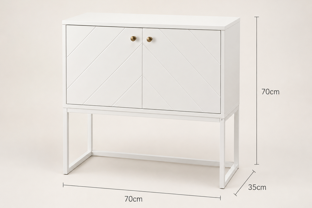 White two-door cabinet with a geometric chevron pattern on the doors, gold knobs, and a slim metal frame base, shown with dimension lines indicating 70cm width, 70cm height, and 35cm leg depth.