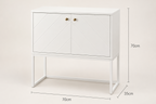 White two-door cabinet with a geometric chevron pattern on the doors, gold knobs, and a slim metal frame base, shown with dimension lines indicating 70cm width, 70cm height, and 35cm leg depth.
