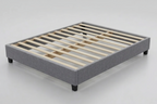 Gray bed frame with wooden slats and dimensions labeled on a white background