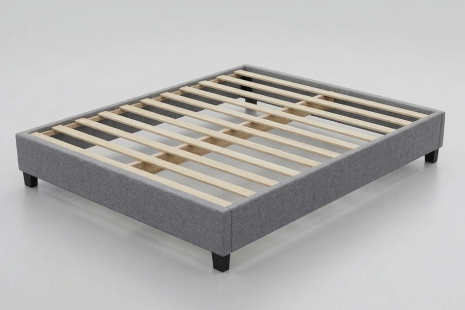 Gray bed frame with wooden slats and dimensions labeled on a white background