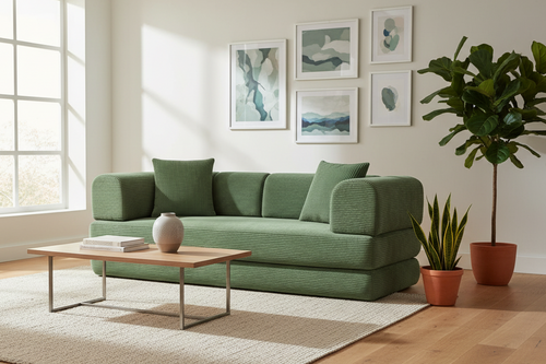 A modern green corduroy sofa with two matching square throw pillows, shown from a three-quarters angle against a plain white background.