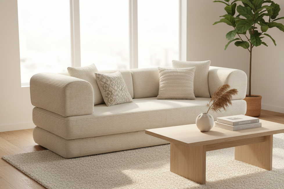 A modern low-profile sofa upholstered in a textured, ribbed corduroy-like fabric in a light beige/cream color, featuring two matching square throw pillows, shown against a plain white background.