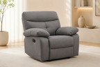 Gray recliner chair in a living room setting with a plant and shelves in the background.