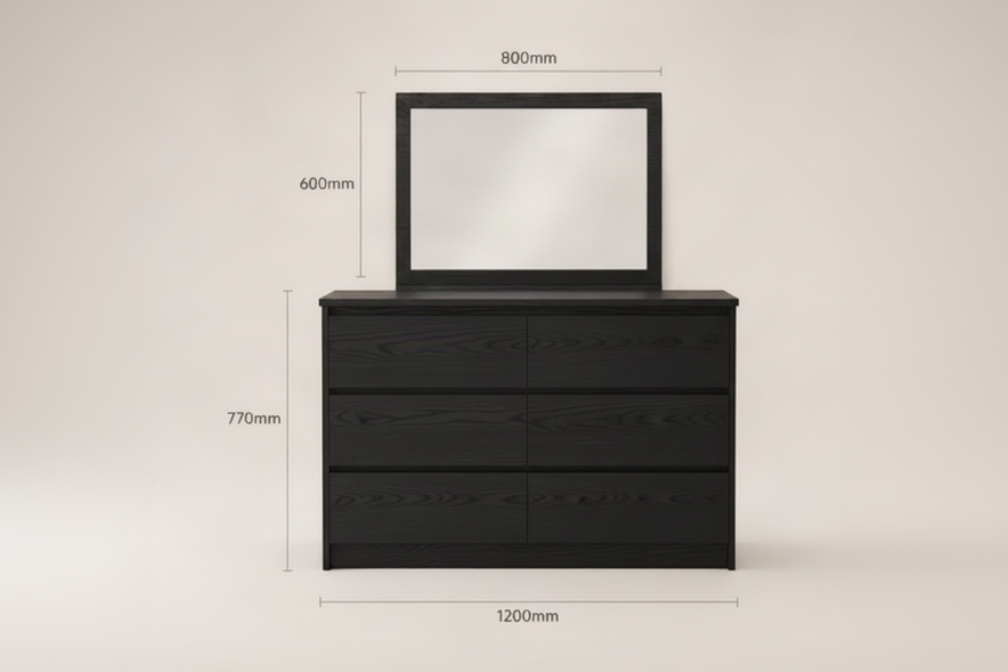 Black wood dresser with matching mirror shown in multiple views with dimension labels on a warm beige background.