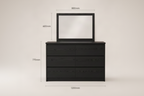 Black wood dresser with matching mirror shown in multiple views with dimension labels on a warm beige background.