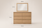 Oak wood dresser with matching mirror shown in multiple views with dimension labels on a warm beige background.
