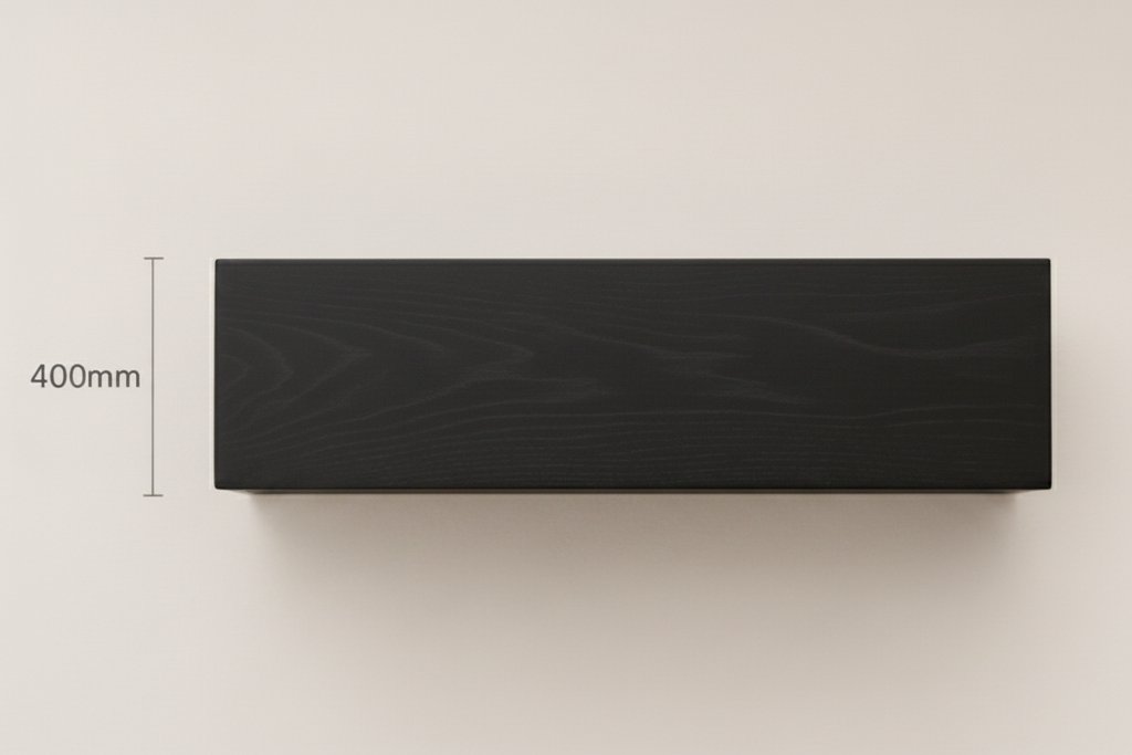 Black wood dresser with matching mirror shown in multiple views with dimension labels on a warm beige background.