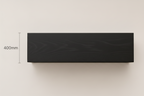 Black wood dresser with matching mirror shown in multiple views with dimension labels on a warm beige background.