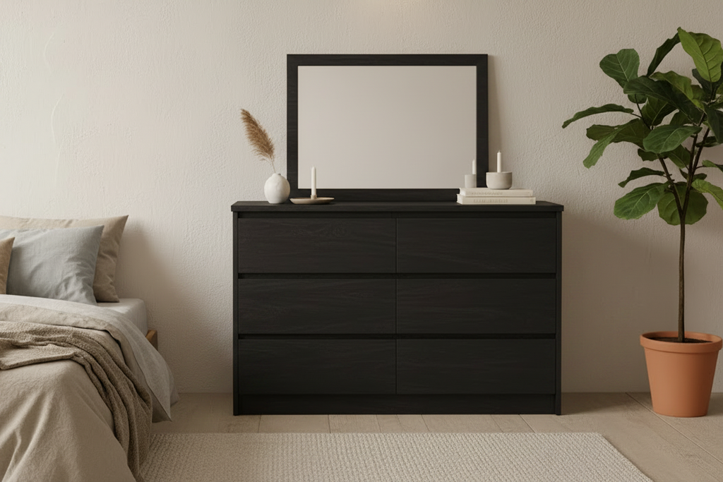 Black wood dresser with matching mirror shown in multiple views with dimension labels on a warm beige background.