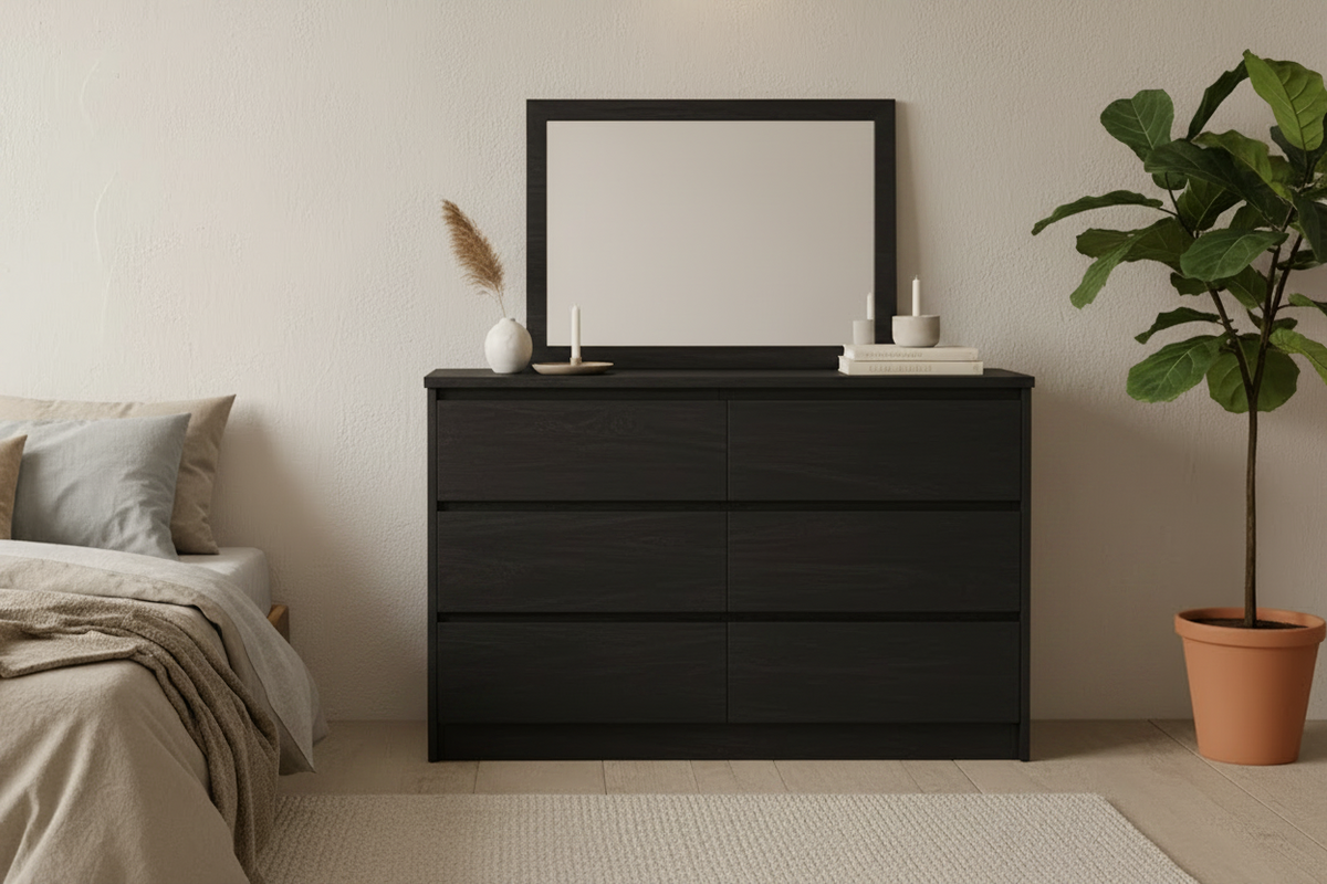 Black wood dresser with matching mirror shown in multiple views with dimension labels on a warm beige background.