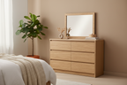 Oak wood dresser with matching mirror shown in multiple views with dimension labels on a warm beige background.