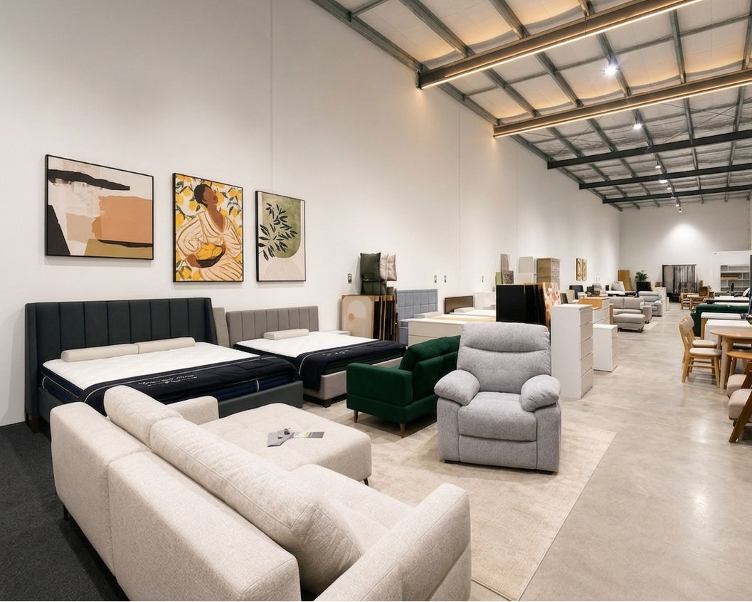 Modern furniture showroom with various seating and office furniture.