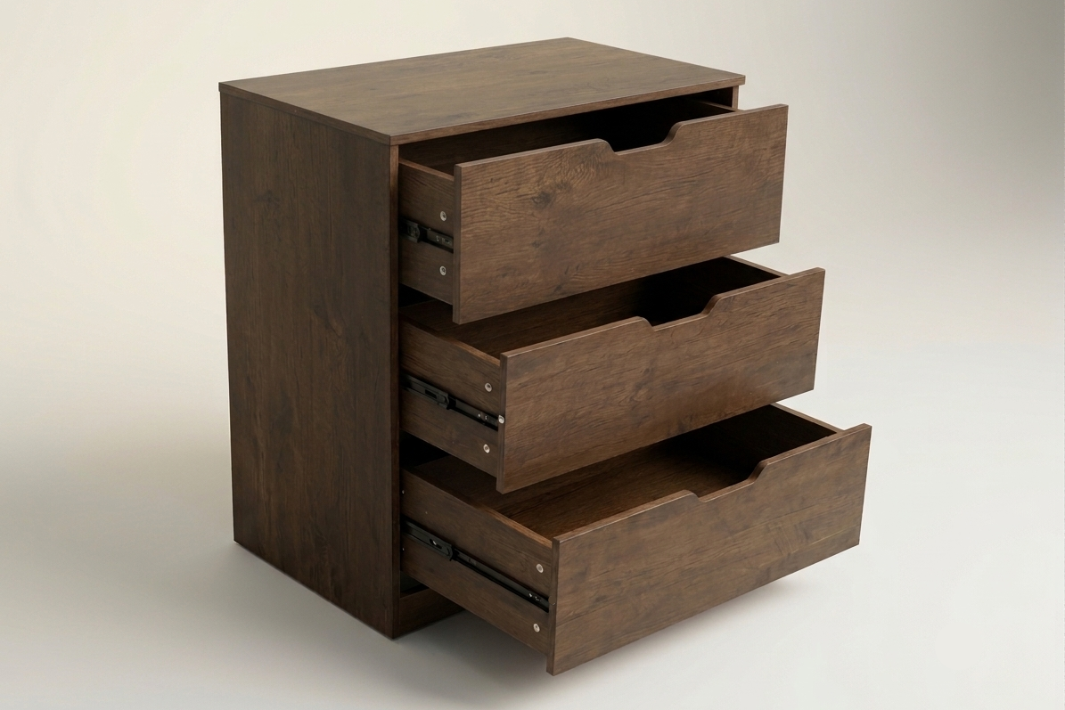 A three-drawer wooden cabinet with a dark brown finish, featuring one drawer pulled open, set against a clean light gray background.
