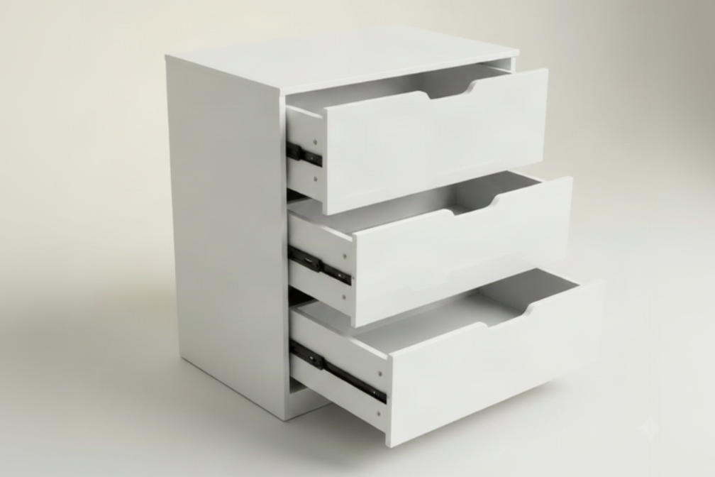 A three-drawer wooden cabinet with a white finish, featuring one drawer pulled open, set against a clean light gray background.