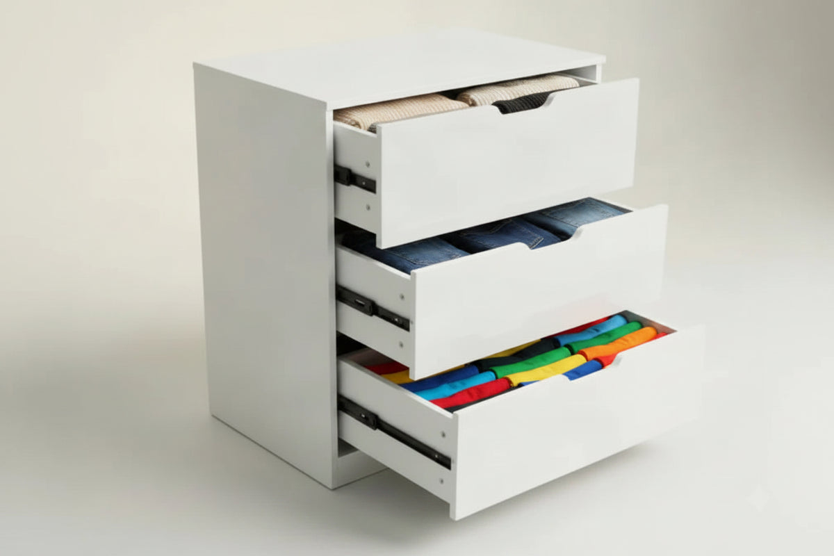 A white three-drawer nightstand or storage cabinet with pull-out drawer mechanisms partially extended, shown on a clean light beige studio background.