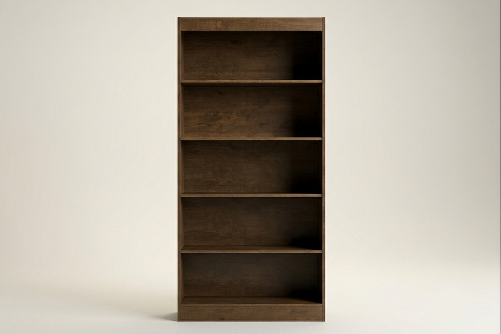 A tall, five-tier wooden bookcase with a dark brown finish, shown empty against a neutral light gray studio background.