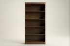 A tall, five-tier wooden bookcase with a dark brown finish, shown empty against a neutral light gray studio background.