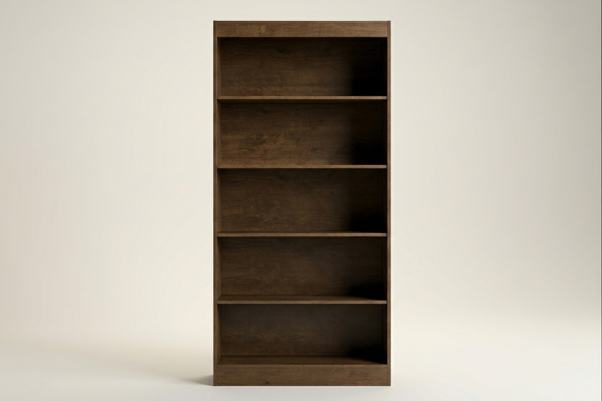 A tall, five-tier wooden bookcase with a dark brown finish, shown empty against a neutral light gray studio background.