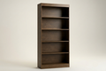 A tall, five-shelf wooden bookcase in a medium-to-dark brown finish, shown empty against a neutral light gray studio background.