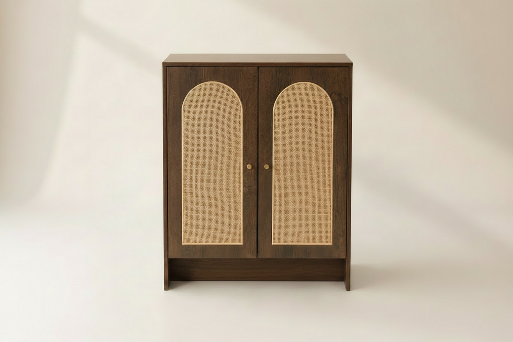 A walnut color cabinet with two doors featuring arched woven cane panels, set against a warm beige background.