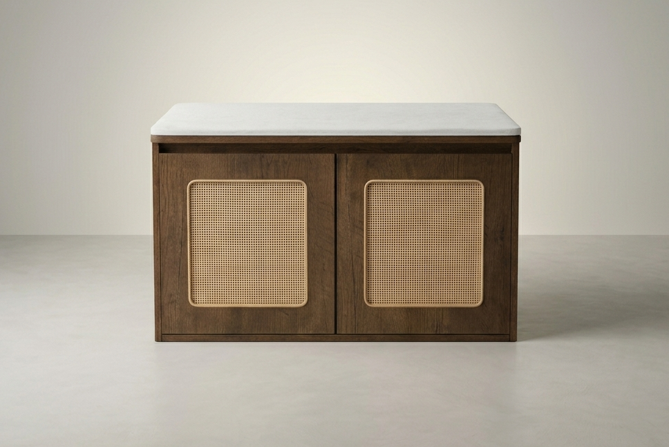 A modern two-door storage cabinet with a dark brown wood finish, woven cane panel doors, and a light gray stone top, centered against a neutral beige studio background.