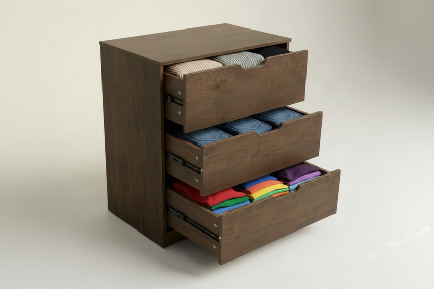 A three-drawer wooden cabinet with a dark brown finish, featuring one drawer pulled open, set against a clean light gray background.