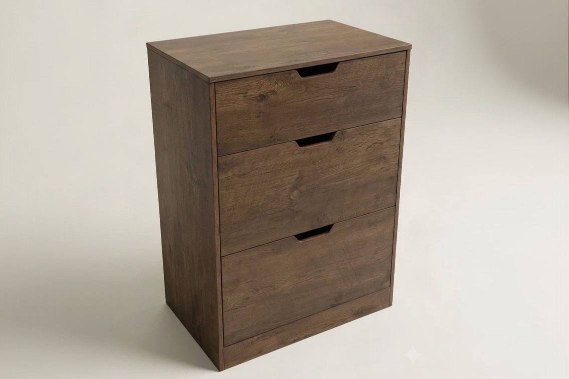 A three-drawer wooden nightstand or cabinet in a medium-to-dark brown finish, featuring recessed pull handles, photographed on a light neutral studio background.