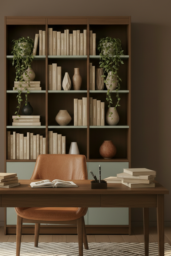 A tall wooden bookcase with three open shelves on the upper section and three pale sage green doors on the lower section, accented with small round gold knobs, set against a warm beige background.