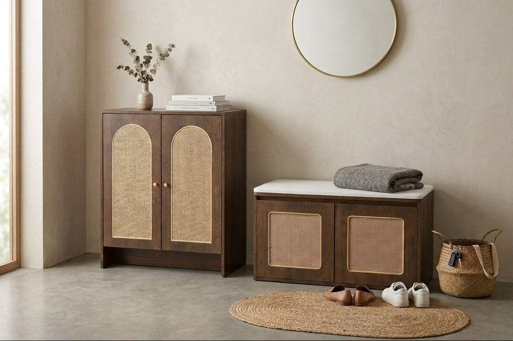 Japandi Rattan Storage Cabinet - Walnut Color