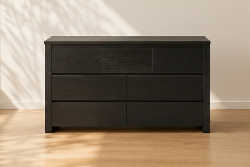  one black drawer on a wooden floor with a neutral wall background.