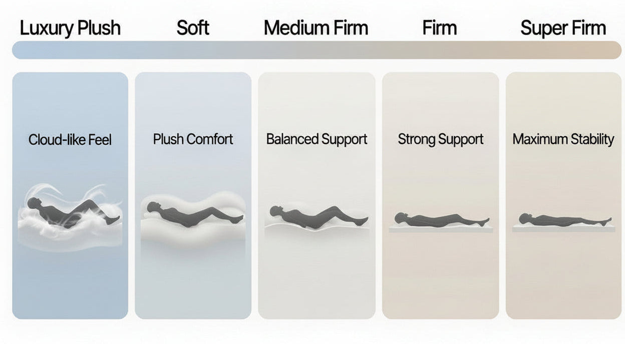 A comparison infographic showing five mattress firmness levels labeled Luxury Plush, Soft, Medium Firm, Firm, and Super Firm, with illustrated figures lying on cushion-like surfaces from light blue to warm beige tones.