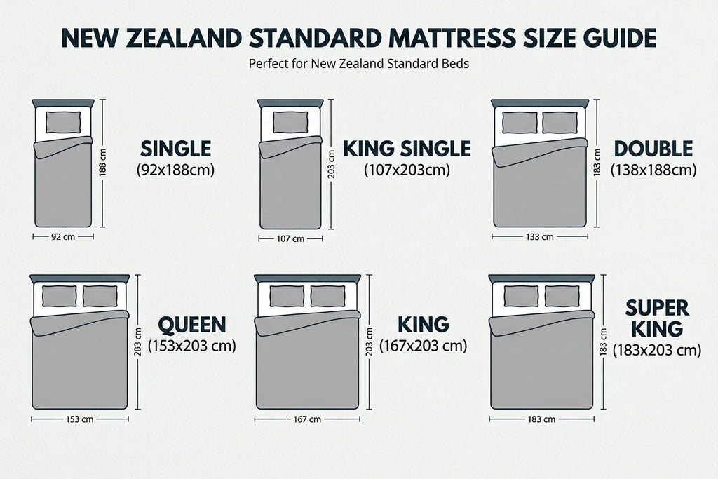 A size guide infographic for New Zealand standard mattresses, showing dimensions for Single, King Single, Double, Queen, King, and Super King bed sizes with labeled mattress and room measurements on a light gray background.
