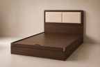A modern platform bed frame with a medium brown wood finish and dual beige upholstered headboard panels, shown against a neutral beige background.