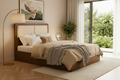 A modern platform bed frame with a medium brown wood finish and dual beige upholstered headboard panels, shown against a neutral beige background.