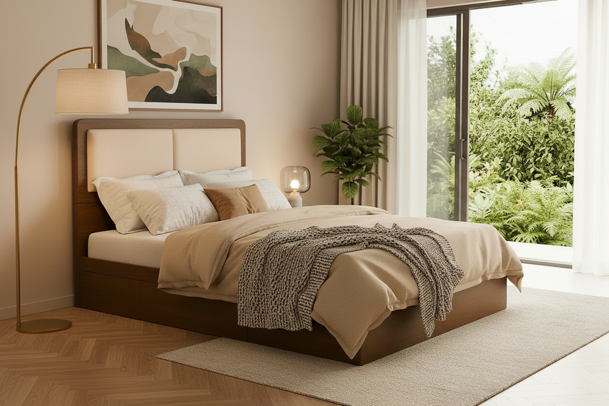A modern platform bed frame with a medium brown wood finish and dual beige upholstered headboard panels, shown against a neutral beige background.