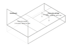 A 3D wireframe diagram of a wall panel system, showing labeled sections for headboard side storage, foot side storage, glass side, and middle split section, with a note explaining that dashed lines show the hidden structure beneath the top panel.