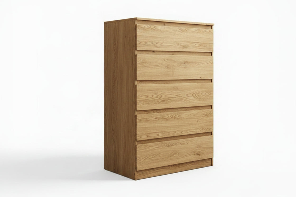 White dresser with five drawers on a white background