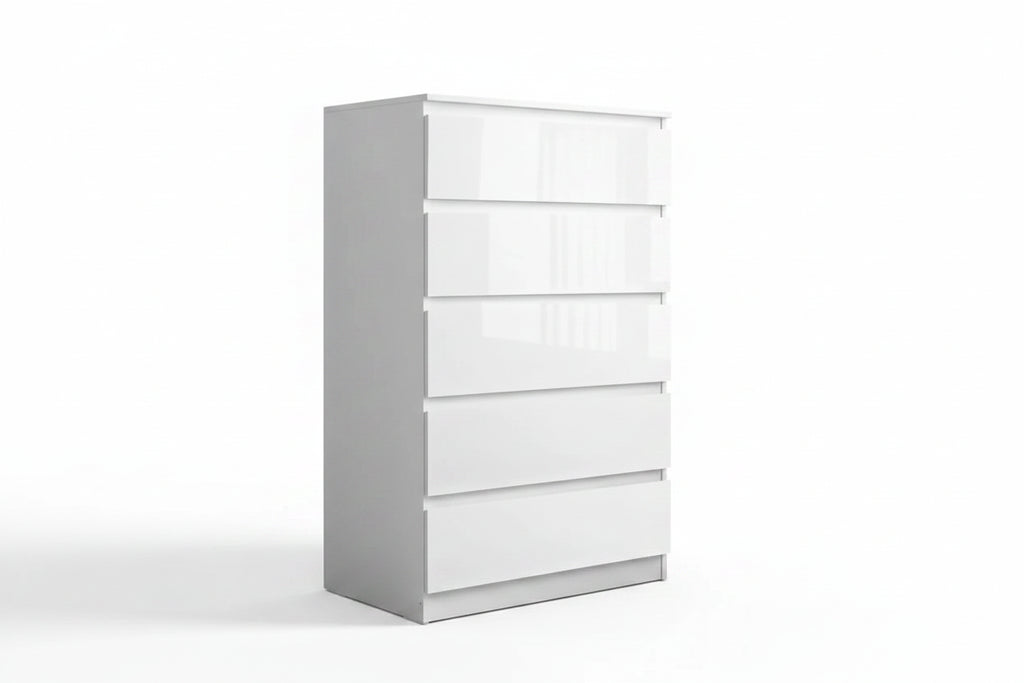 White dresser with five drawers on a white background