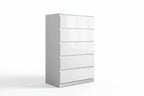 White dresser with five drawers on a white background