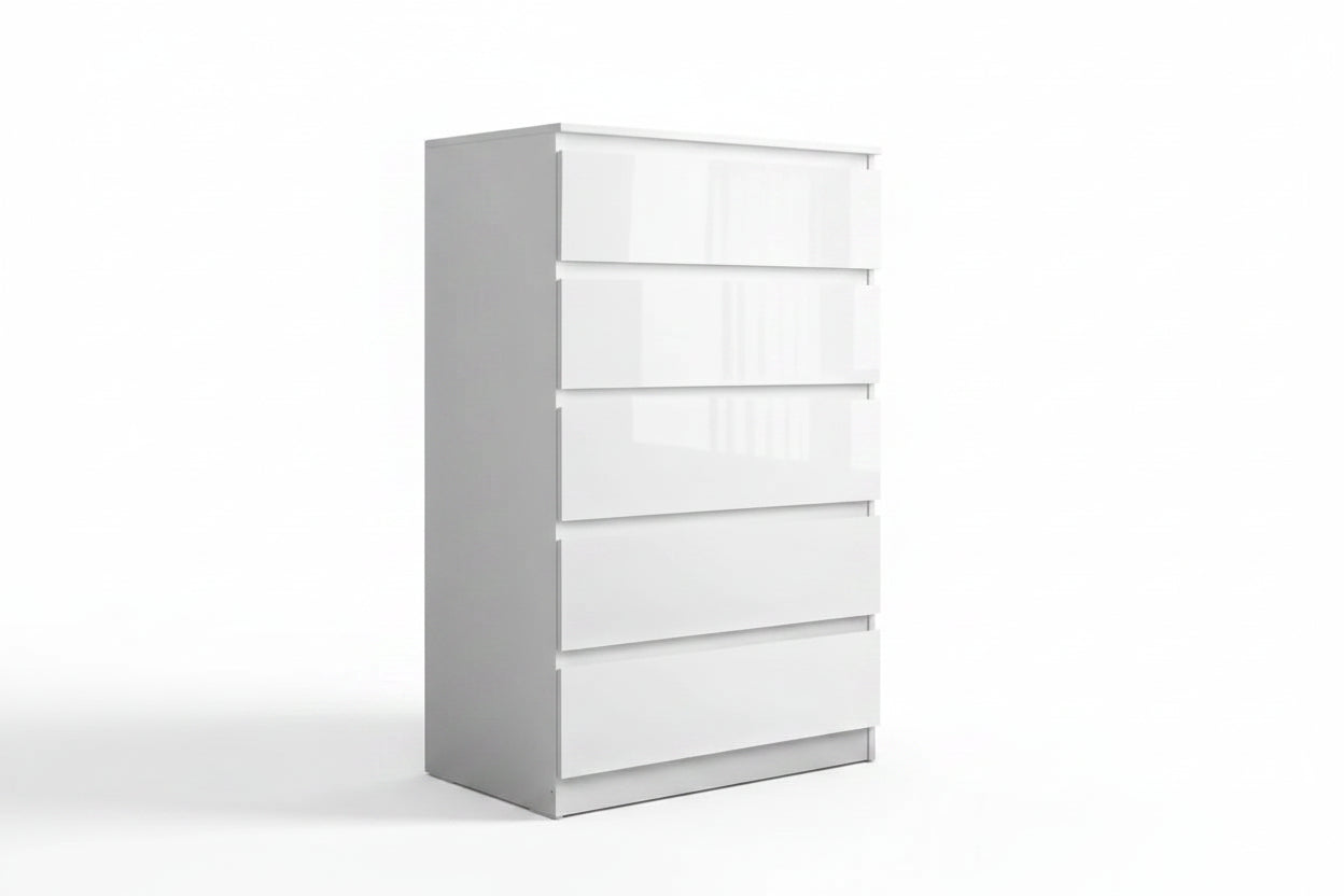 White dresser with five drawers on a white background