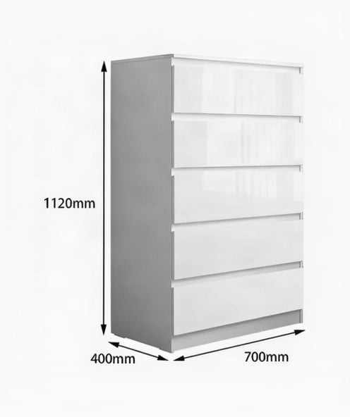 White dresser with dimensions labeled on a white background