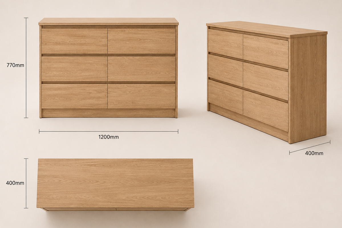 Oak wood chest of drawers shown in three views with dimension labels: front view 1200mm wide by 770mm high, side view 400mm deep, and top view showing the drawer front. The furniture is photographed on a clean warm off-white background.